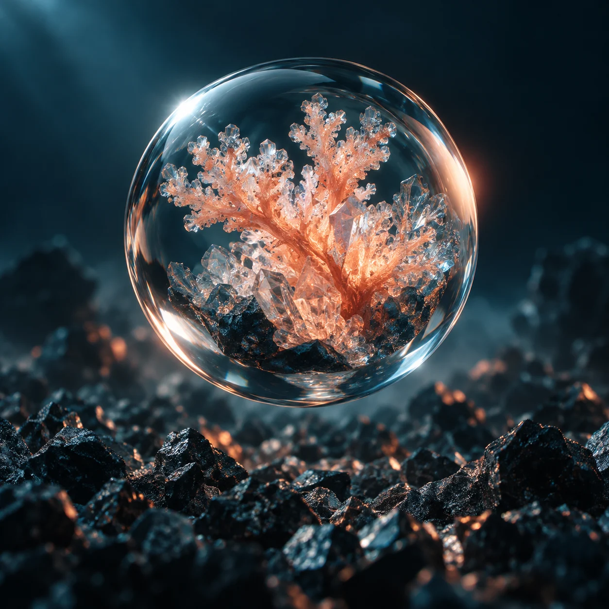A glass lens revealing luminous crystal detail within dark mineral fragments