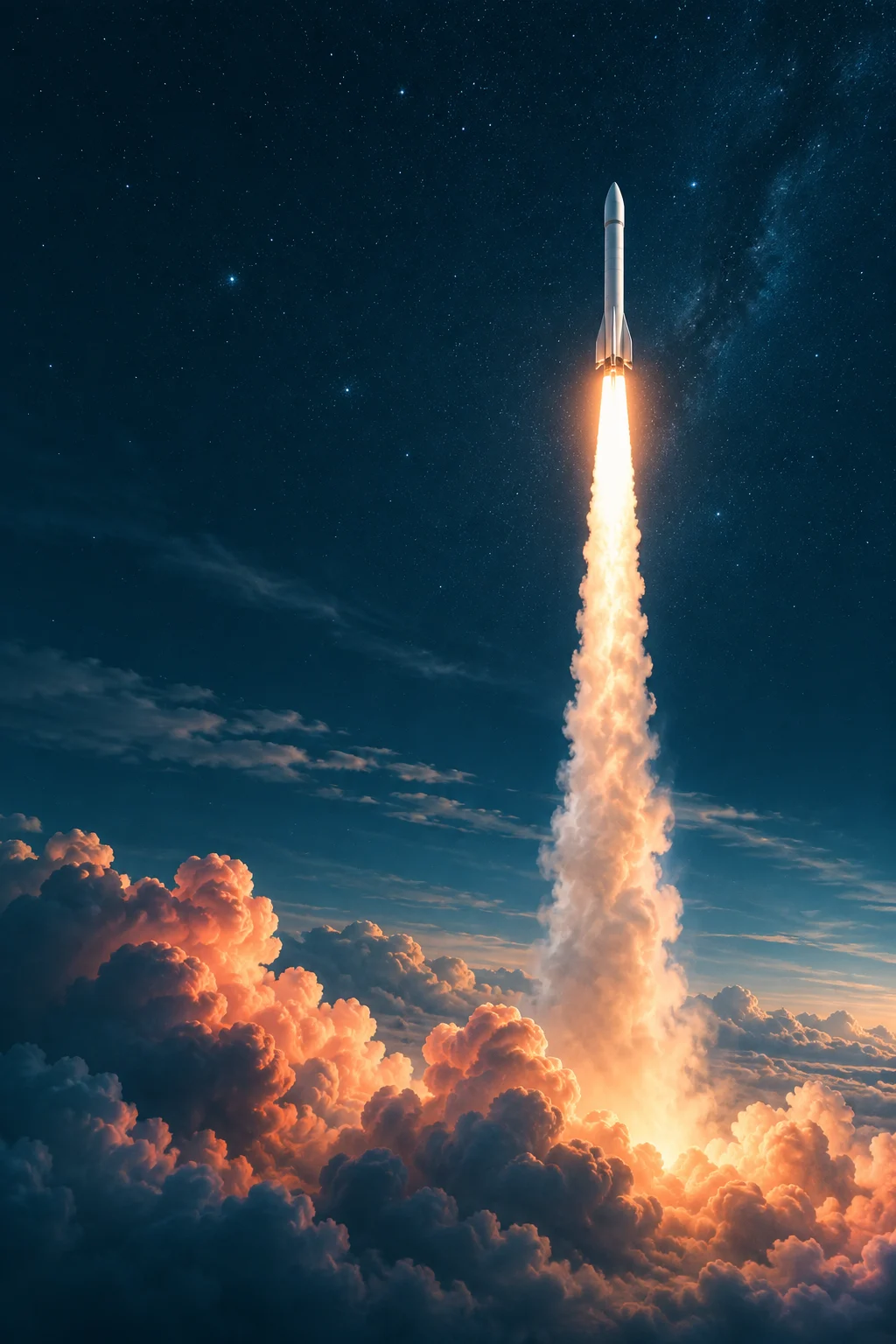 A conceptual rocket launch through coral-lit clouds